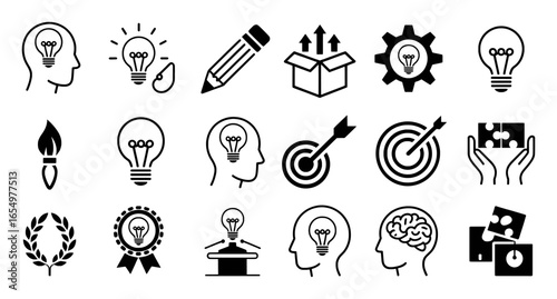 Business and idea icons including lightbulbs pencil brain and targets concept innovation