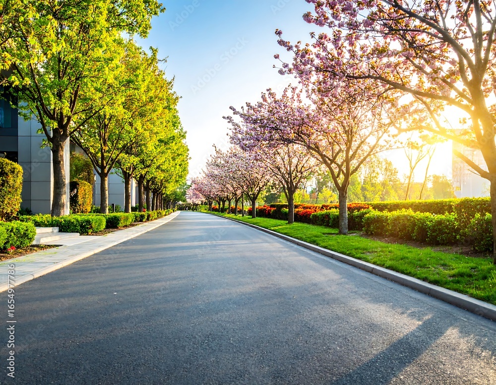 Naklejka premium Spring road lined with trees and blossoms