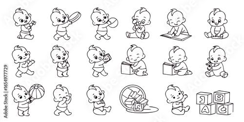 Set of line art illustrations of happy babies engaged in various activities baby infant
