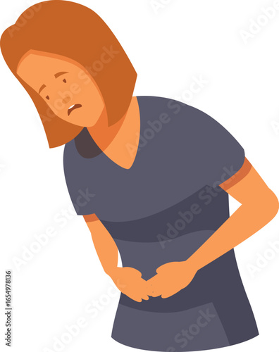 Woman experiencing stomach or abdominal pain, possible appendicitis, menstrual cramps, food poisoning, or other digestive problems