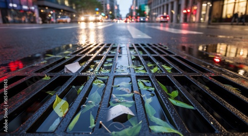 Rainy city street reflections captured through a storm drain with leaves and debris floating