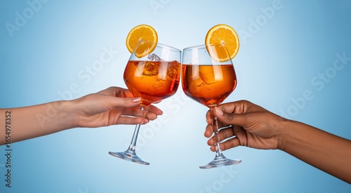 Cheers to good times! Two hands clinking glasses filled with vibrant orange cocktails and fresh orange slices.