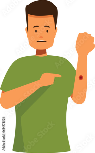 Man pointing red rash on his arm caused by monkeypox infection