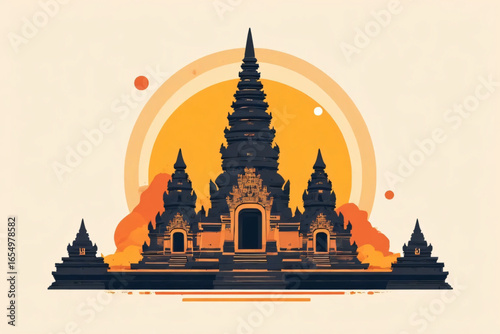 Flat Style Vector Illustration of Indonesian Temple with Sunset Background