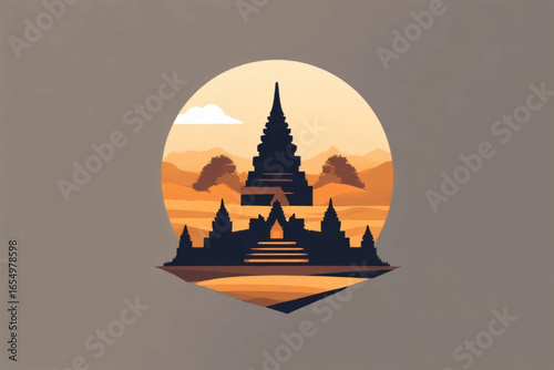 Flat Style Vector Illustration of Ancient Temple Silhouette with Sunset Background