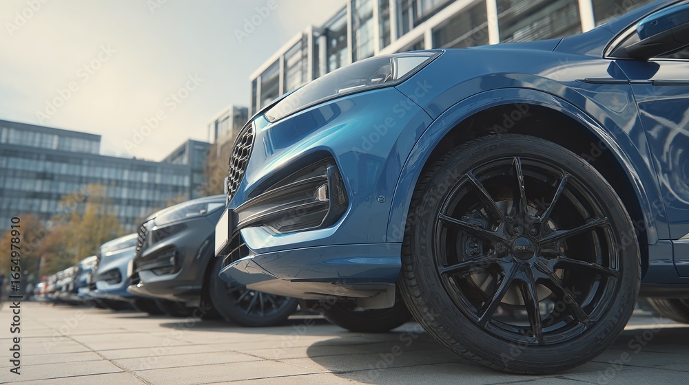 A row of stylish automobiles parked in an urban setting, showcasing modern design and sleek features. A row of stylish automobiles parked in an urban setting, showcasing modern design and sleek features.