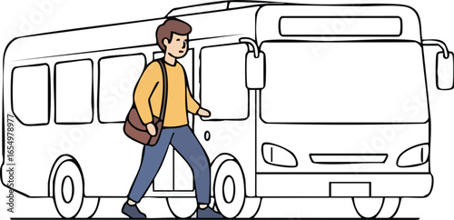 Vector illustration of a young man with a shoulder bag boarding a city bus. The concept of daily commutes, urban mobility and public transportation.