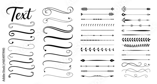 Collection of Black Text Dividers Swirls Arrows and Leaf Borders on White separator underline