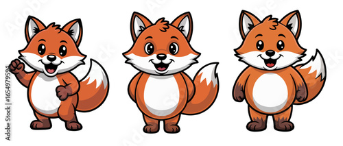 Three friendly fox characters in different poses. The foxes have cute and appealing expressions, perfect for children's designs and illustrations.