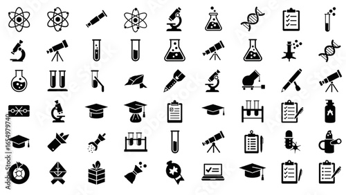 Education and Science Glyph Icon Set – Vector Pictograms of Atom, Microscope, Test Tube, Flask, Telescope, DNA, Laptop, Checklist, Clipboard, Black Silhouette Illustration
