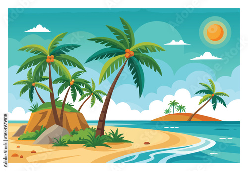 Tropical beach paradise with palm trees sun and turquoise water vector illustration graphic design