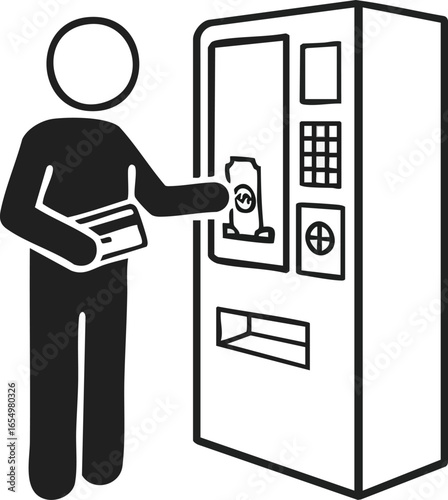 Icon of a person making a cashless purchase with a credit card at an automated beverage vending machine.