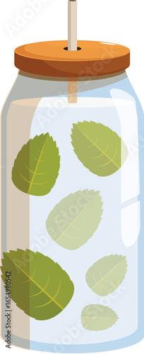 Glass jar with wooden lid and straw containing detox water with fresh mint leaves promoting healthy lifestyle