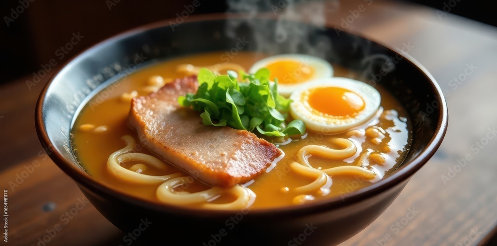steaming bowl of tonkotsu ramen noodles with chaashu pork and soft-boiled egg, dinner, Japanese dish, noodle steaming bowl of tonkotsu ramen noodles with chaashu pork and soft-boiled egg, dinner, Japanese dish, noodle