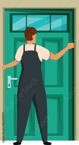 Handyman knocking on a green door, offering home repair and maintenance services