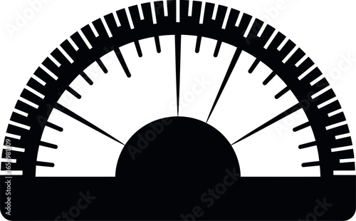 A black and white illustration of a protractor with degree markings and radial lines extending from center
