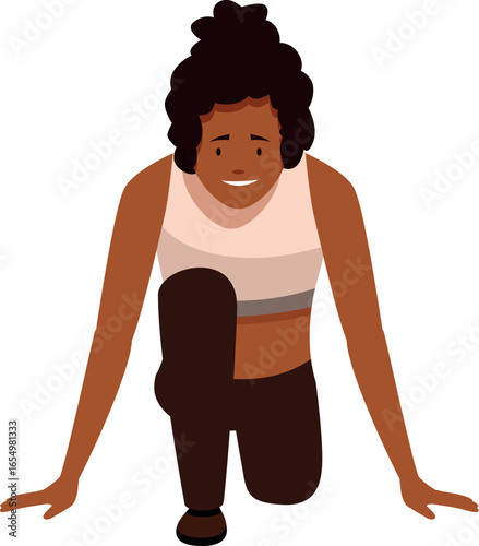 Confident young black female athlete kneeling at the starting line, ready for a sprint