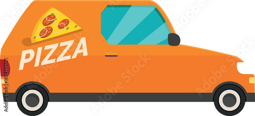Orange delivery van transporting pizza with a slice of pepperoni pizza on its side