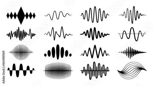 Set of Sixteen Black Sound Wave and Audio Signal Graphics on White Background waveform equalizer