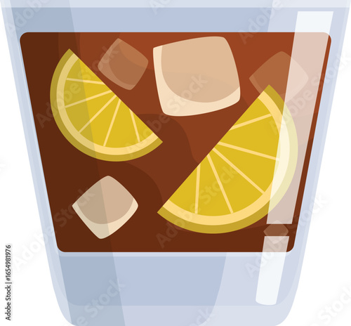 Long island iced tea cocktail is being prepared with lemon and ice in a transparent glass