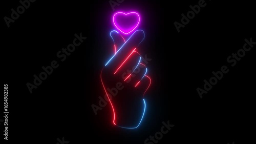 Neon finger heart sign.finger heart hand gesture with glowing neon effect, symbolizing love and affection. Perfect for Valentine’s Day, romance themes, K-pop culture, modern design, projects.