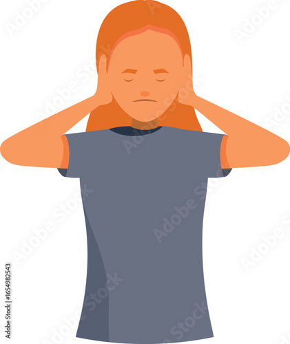 Stressed girl covering ears with hands, suffering from loud noise, expressing discomfort and irritation, experiencing negative emotions