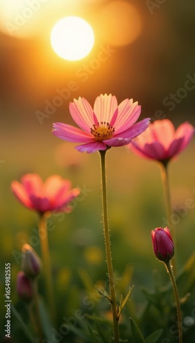 Delicate Pasqueflower blossoms bathed in golden sunset light on a spring meadow , petals, golden hour