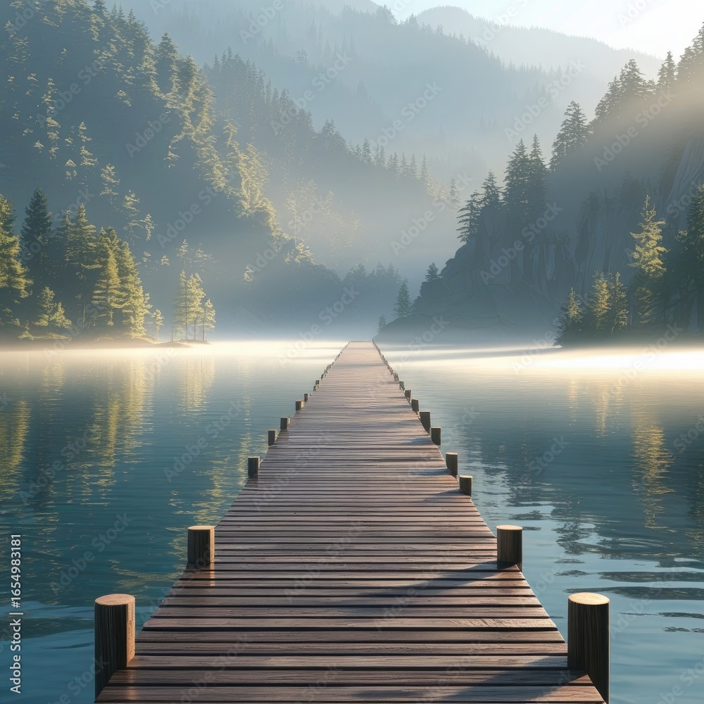 Naklejka premium Serene Morning Mist Over a Lake with a Wooden Dock