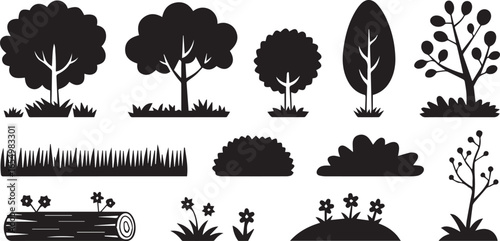 editable vector silhouettes of trees bushes grass and flowers for forest meadow and garden design ai eps jpeg png