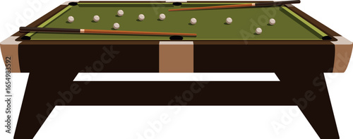 Green billiard table with balls and cues waiting for players