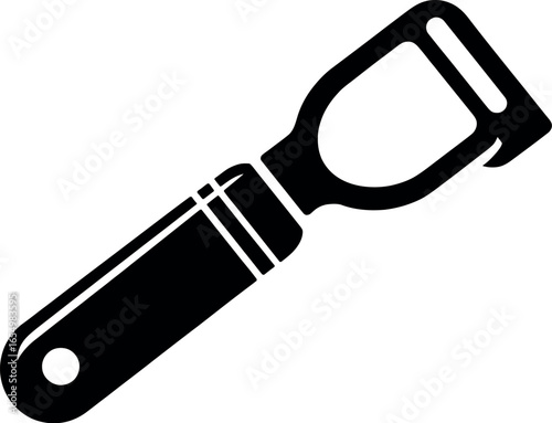 A black and white graphic illustration of a kitchen peeler with a handle and a hole at the end