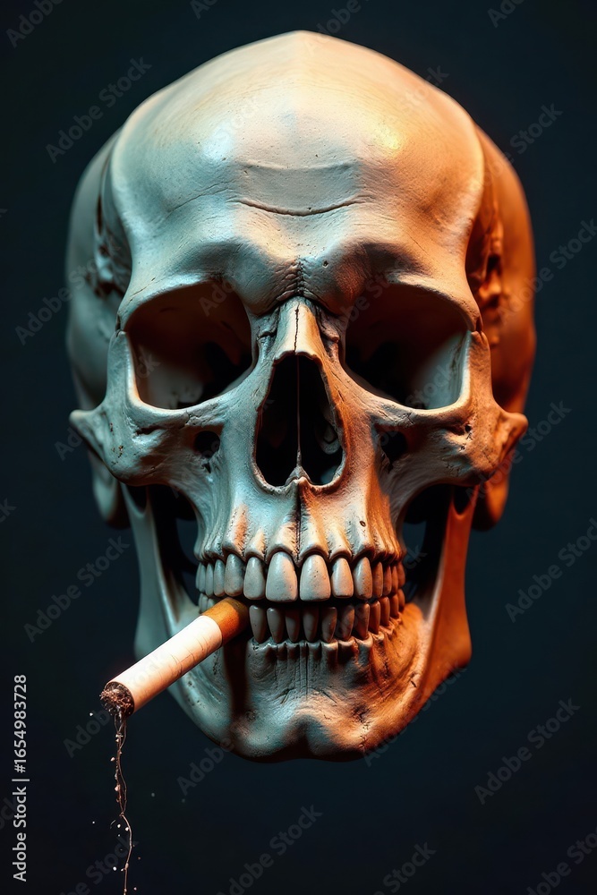 Obraz premium A weathered skull, cigarette dangling from its jaw , bones, morbid, illustration