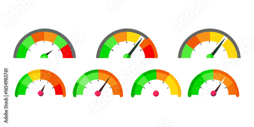 Speedometer, gauge meter icons. Vector scale, level of performance. Speed dial indicator . Green and red, low and high barometers, dashboard with arrows. Infographic of risk, gauge, score progress ico