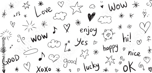abstract doodle vector elements hearts stars clouds spirals music notes typography and upbeat words for modern minimalist designs
