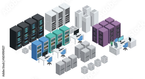 Isometric server room data center cloud computing illustration