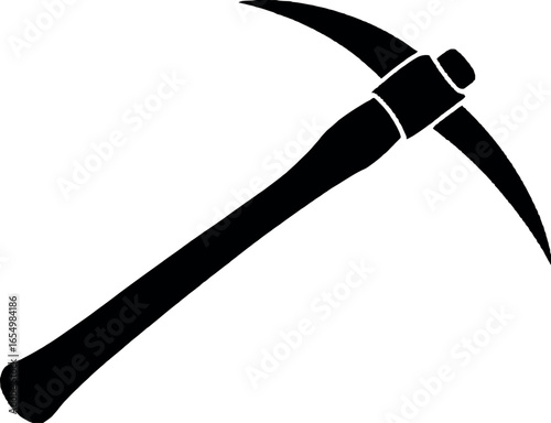 A black and white illustration of a pickaxe tool with a wooden handle and a sharp metal head design