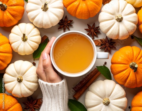 view of hot apple cider in a mug surrounded by cinnamon sticks