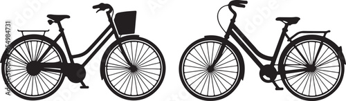 vector bicycle silhouettes side by side showing one bike with front basket and rear rack and one bike without accessories