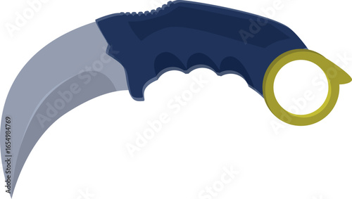 Close up of a karambit knife featuring a curved blade, blue handle, and a distinctive gold ring guard