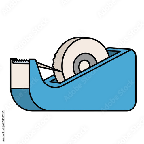 Blue tape dispenser with roll of tape isolated on white background.