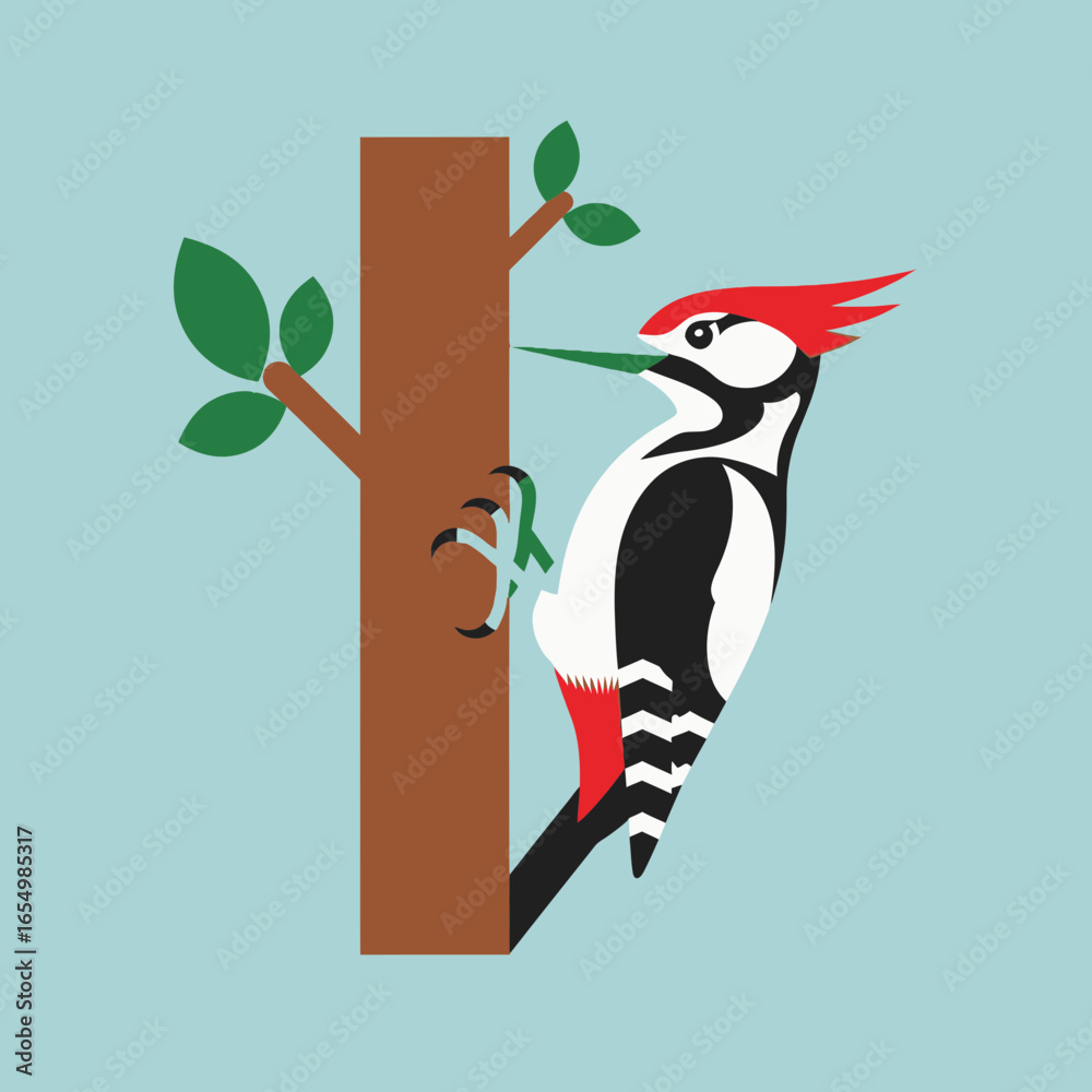 Fototapeta premium Woodpecker on tree trunk with green leaves against a light blue background.