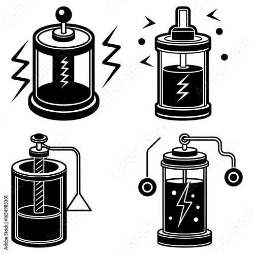 Illustration showing four different leyden jars with varying designs and electrical representations