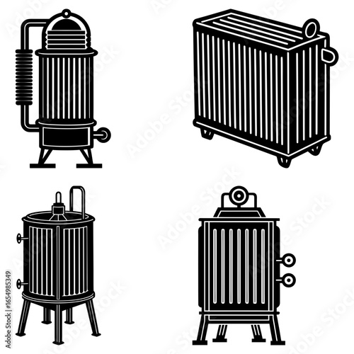 Illustration showing four different types of vintage heaters and radiators in a black and white style