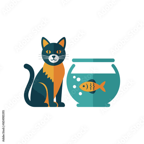 Cartoon cat sits beside a fishbowl with a goldfish inside on white.