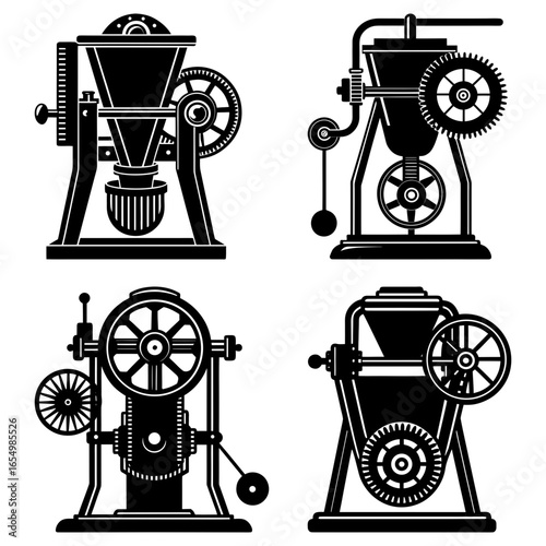 Four vintage industrial machines with gears and wheels in black and white illustration style design