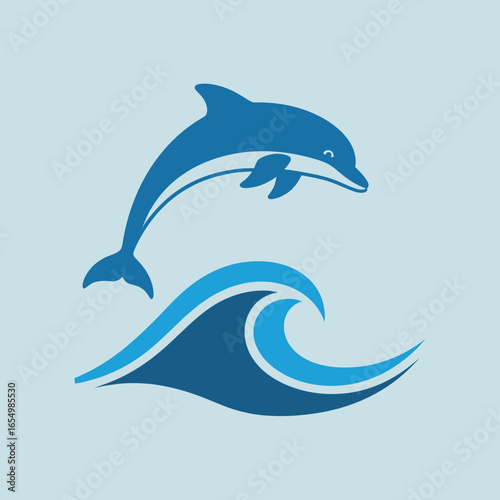 A blue dolphin jumps over a wave on a light blue background.