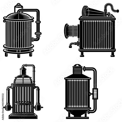 Illustration of four different industrial distillation or brewing machines in black and white style design