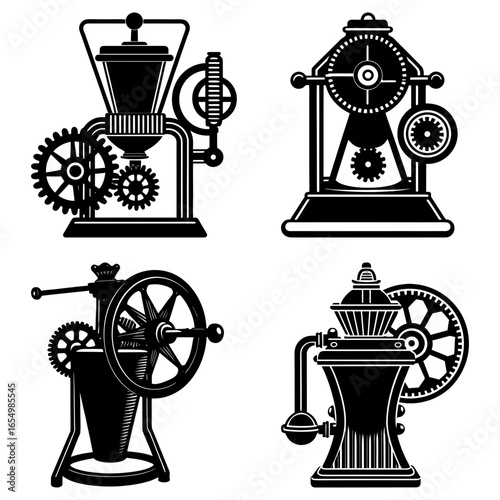 Four vintage coffee grinders with gears and wheels in black and white silhouette illustration style
