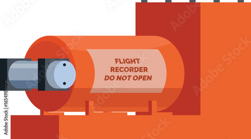 Orange flight recorder, commonly known as a black box, resting on a platform, designed to withstand extreme conditions and preserve vital flight data for accident investigation