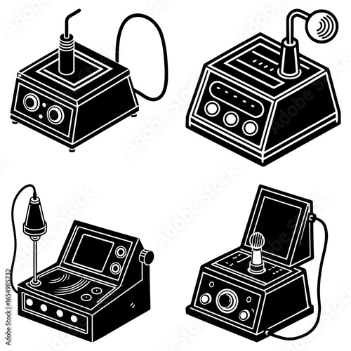 Illustration of four different types of medical or scientific equipment in black and white isometric view